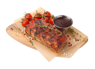 Tasty roasted pork ribs, thyme, sauce and tomatoes isolated on white