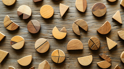 Wooden math fractions on the wooden background. interesting math for kids, for preschool, daytime. Education, back to school concept. Geometry and mathematics materials. AI Generated