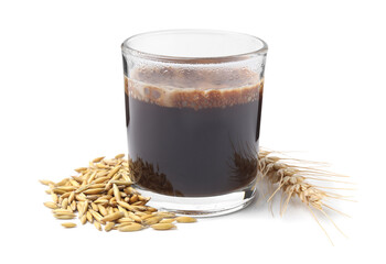 Cup of barley coffee, grains and spike isolated on white