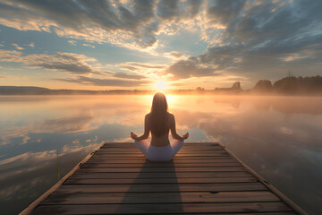 Naklejka premium woman doing meditation on the meditating wooden dock at sunrise
