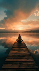 Fototapeta premium woman doing meditation on the meditating wooden dock at sunrise