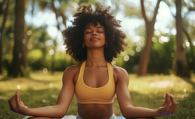 black woman practicing yoga in a park