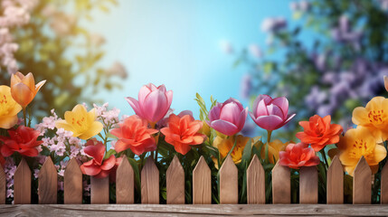 Spring flowers in house yard with wooden fence. Suitable for spring theme background. Copy space...