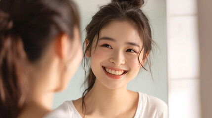 鏡の前で輝く自然な笑顔：健康的で美しい日本人女性 - obrazy, fototapety, plakaty