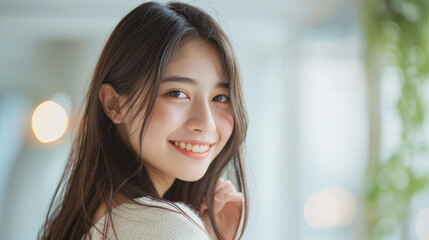 自然光の中で輝く若い日本人女性の清潔感あふれる笑顔 - obrazy, fototapety, plakaty