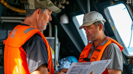 A captain and first mate carefully review and discuss the safety protocols for handling hazardous cargo before setting sail. - obrazy, fototapety, plakaty