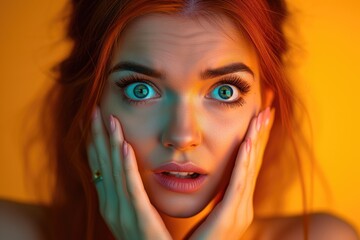 portrait of a surprised woman with red hair and orange background
