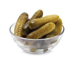 Tasty pickled cucumbers in bowl isolated on white