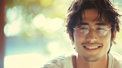 笑顔を輝かせる若いメガネをかけた日本人男性
