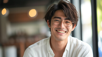 カフェで微笑むメガネをかけた日本人男性