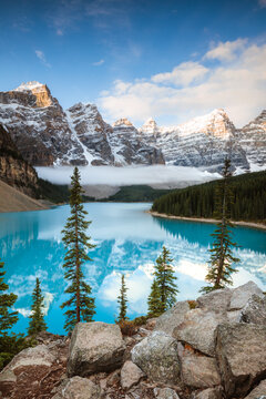 Mountain lake in autumn at sunset, Moraine lake, Banff National Park, Canada