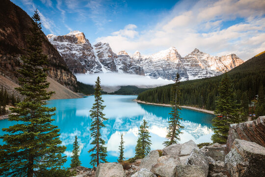 Moraine lake and mountain peaks, Banff National Park, Alberta, Canada