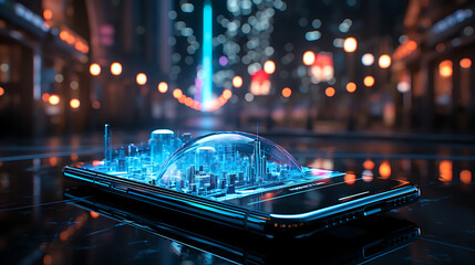 smartphone with holographic city future background illustration