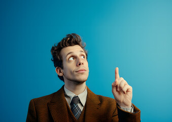 happy young male pointing a finger against blue background 