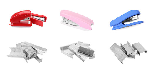 Different colorful staplers and fasteners isolated on white, collection