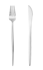 Silver fork and knife isolated on white, top view