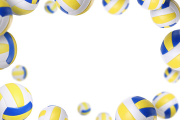 Many volleyball balls falling on white background