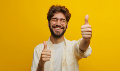young happy man making thumbs up gesture on yellow background

