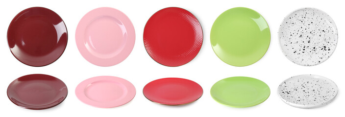 Different clean plates isolated on white, top and side views