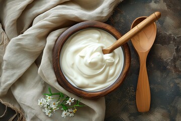 yogurt in wooden bowl next to a wooden spoon