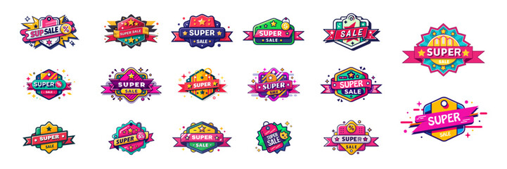 A set of Super SALE themed vibrant icons, each with their own unique design.