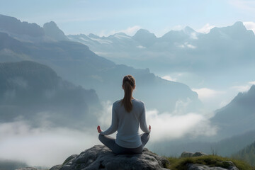 Naklejka na ściany i meble young woman meditating in lotus pose overlooks the mountains with mist