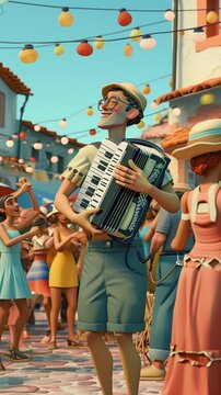 Cartoon digital avatars of a street musician playing a lively tune on their accordion, surrounded by dancing audience members in a bustling street market.