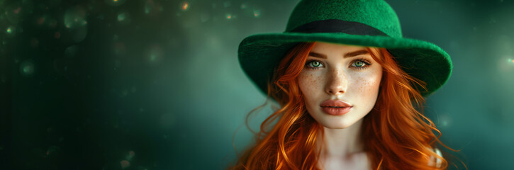 Beautiful smiling leprechaun redhaired girl wearing green lucky hat on green background with shamrock leaves. Young women with beer celebrating St. Patrick's Day. Leprechaun cap. Copy space