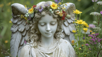 A playful angel adorned with a crown of colorful wildflowers embodying the joy and whimsy of nature.