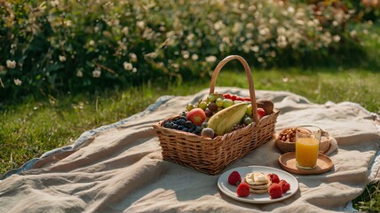 リネンブランケットの上に食べ物、晴れた日に屋外で美しいピクニックランチ。 コピースペースのある背景｜Food on a linen blanket, beautiful picnic lunch outdoors on a sunny day. Background with copy space. Generative AI