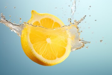 Fresh juicy lemon in splashes of water on a blue background