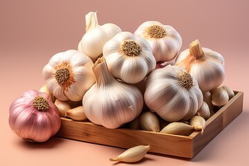 Many heads of garlic on a light background.
