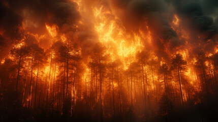 森林火災、黒煙を上げて森を焼く炎