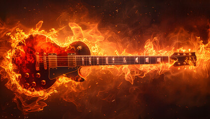 an electric guitar on fire - obrazy, fototapety, plakaty
