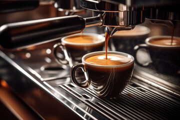 Close-up of espresso pouring from coffee machine. Professional coffee brewing. Generative AI