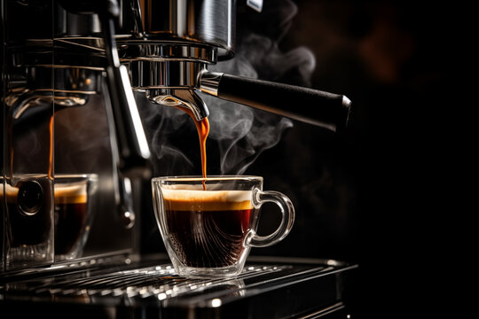 Close-up of espresso pouring from coffee machine. Professional coffee brewing. Generative AI