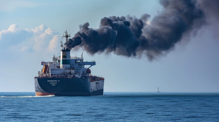 A tanker ship belches out black smoke as it chugs through the ocean its emissions contributing to the greenhouse gases that impact global climate change.
