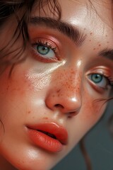 A close up selfie portrait of half of a petite girl, young and fashion, beautiful goddess woman looking at camera with her blue eyes, make up and cosmetics, soft skin sexy lady, AI Generated