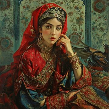 A painting of an old Iranian lady, a beautiful Aryan lady in ancient times, a Persian queen in a traditional Persian dress, an Afghan and Tajik or Arab beauty goddess middle eastern, AI Generated.