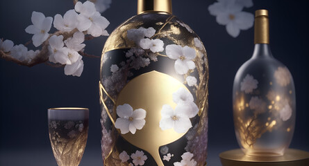 Elegant sake bottle. Alcohol design among flowers. Generative AI