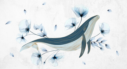 Light art background with a whale and flowers in a watercolor style with golden line elements. Animalistic vector banner for decoration, print, textile, wallpaper, interior design, poster. © VectorART