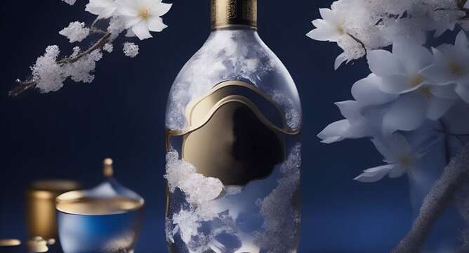 Elegant sake bottle. Alcohol design among flowers. Generative AI