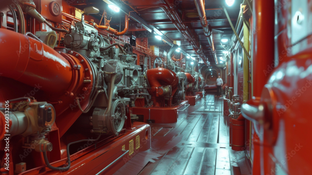 Poster a team of sailors comb through the engine room carefully examining each part for any damage or malfu