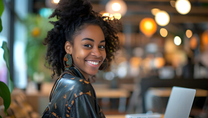 Fototapeta premium beautiful smart afroamerican woman working in a coffee shop on laptop