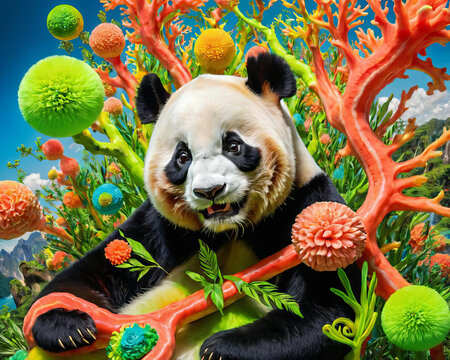 Whimsical Panda - Psychedelic close-up of a panda with a content old man in a fantastical environment Gen AI