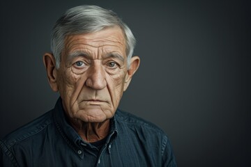 Obraz premium Portrait of Serious Looking Elderly Man with Gray Hair and Wrinkles on a Solid Grey Background