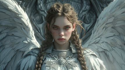 A fierce female warrior angel with long braided hair and a steely gaze stands guard outside the gates of a heavenly palace.