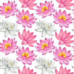 Fototapeta na wymiar Seamless pattern with pink lotus flowers. Detailed realistic vector illustration
