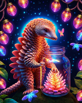 Luminous Pangolin - Psychedelic close-up of a pangolin with a firefly jar in a kaleidoscopic and vibrant backdrop Gen AI