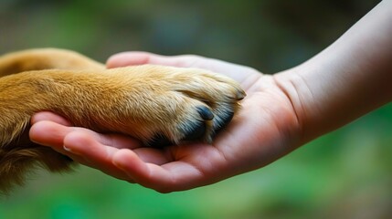 Human Hand Holding a Dog's Paw in Friendship. Generative ai